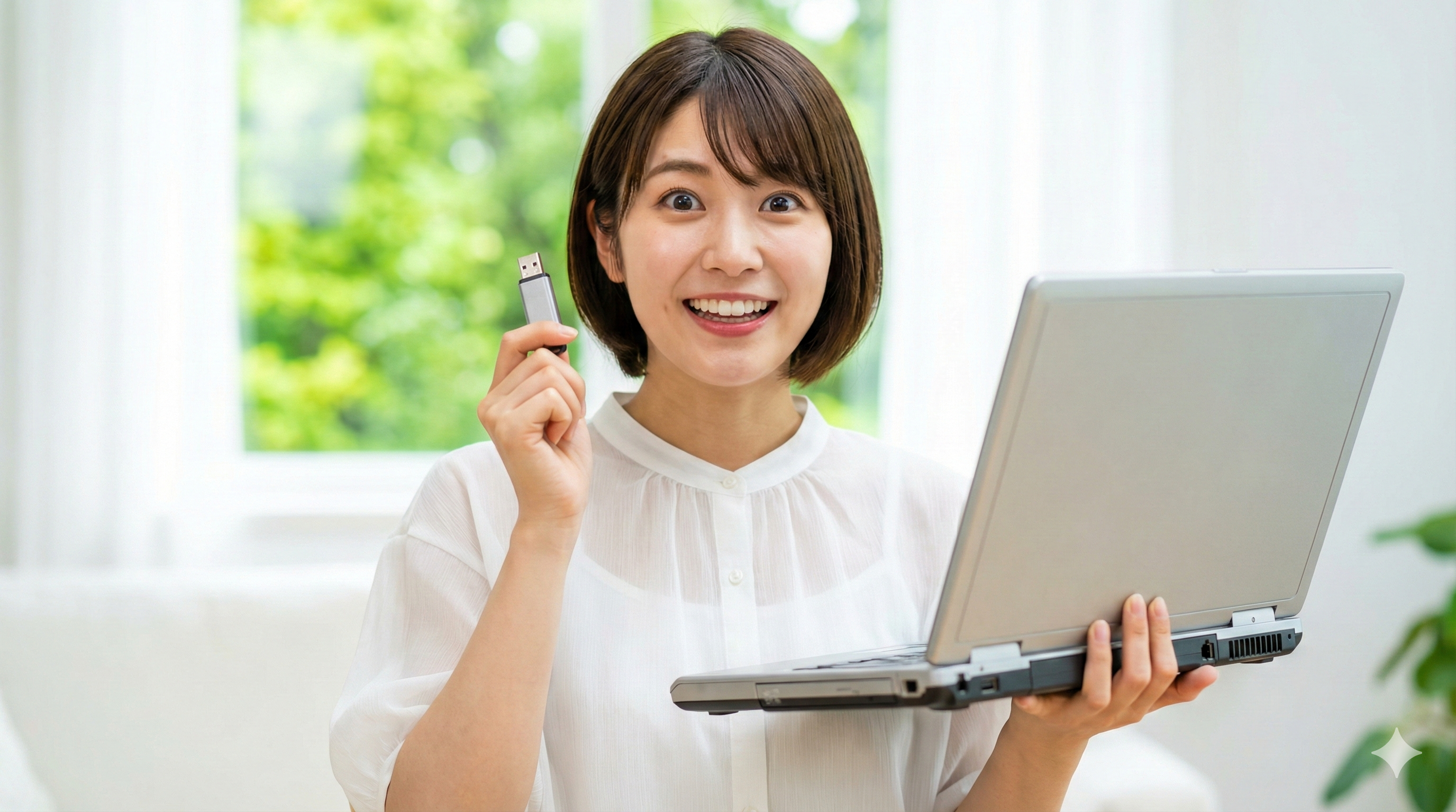 古いノートパソコンとUSBメモリを手に、「ひらめき」の表情でカメラを見つめる若い日本人女性