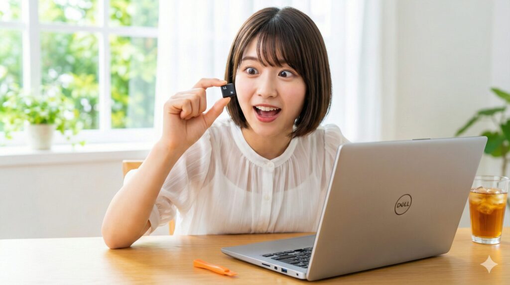 Dell Inspironノートパソコンのキーを外し、驚いた表情で持つ日本人女性