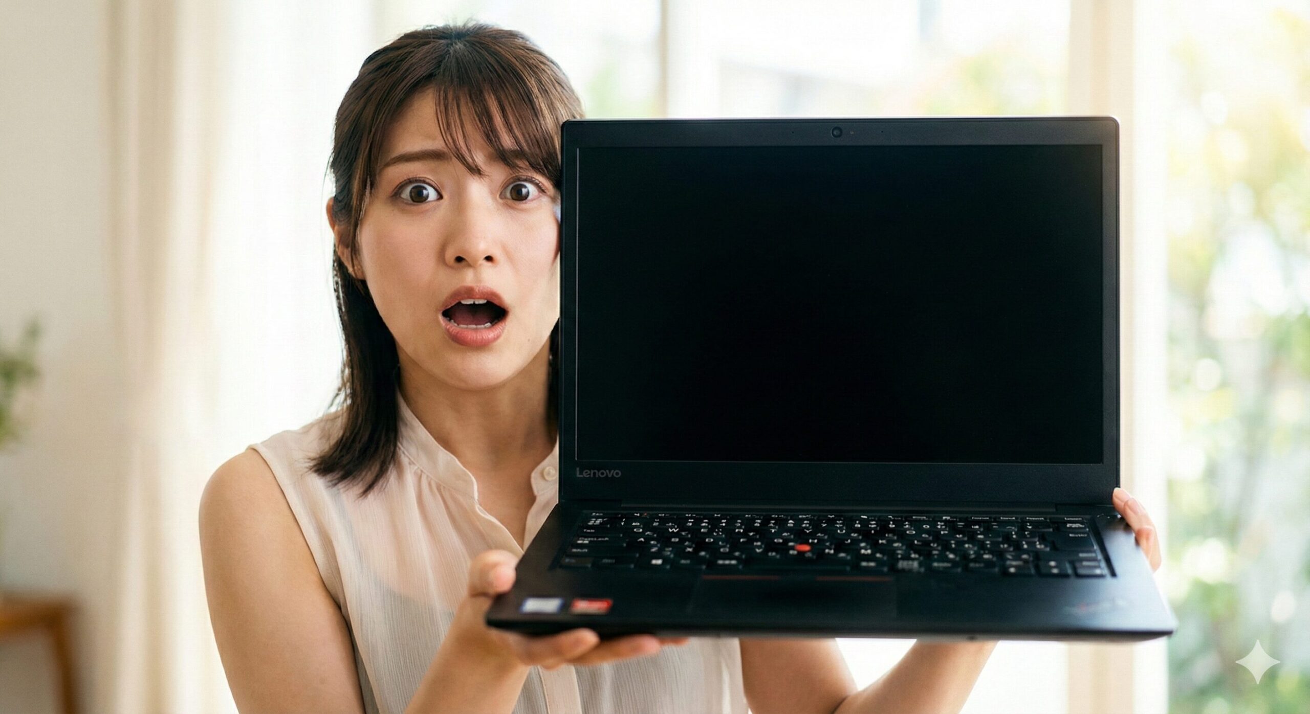 起動しない真っ暗な画面のLenovoノートパソコンを両手で持ち、驚きとパニックの表情を浮かべる若い日本人女性