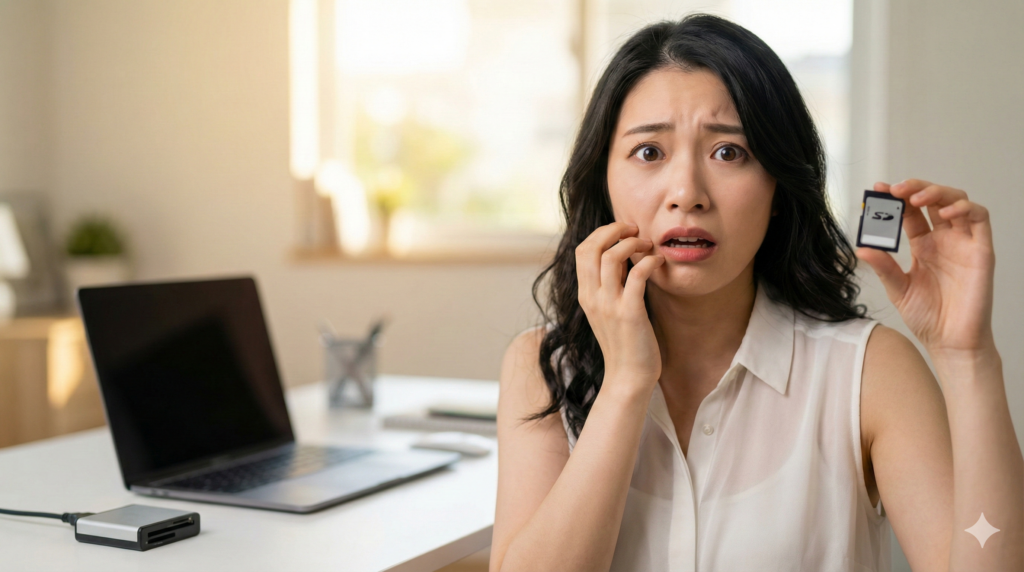 ショックを受けた表情でSDカードを手に持ち、カメラを見つめる日本人女性。背景にはノートパソコンがあるモダンなホームオフィス