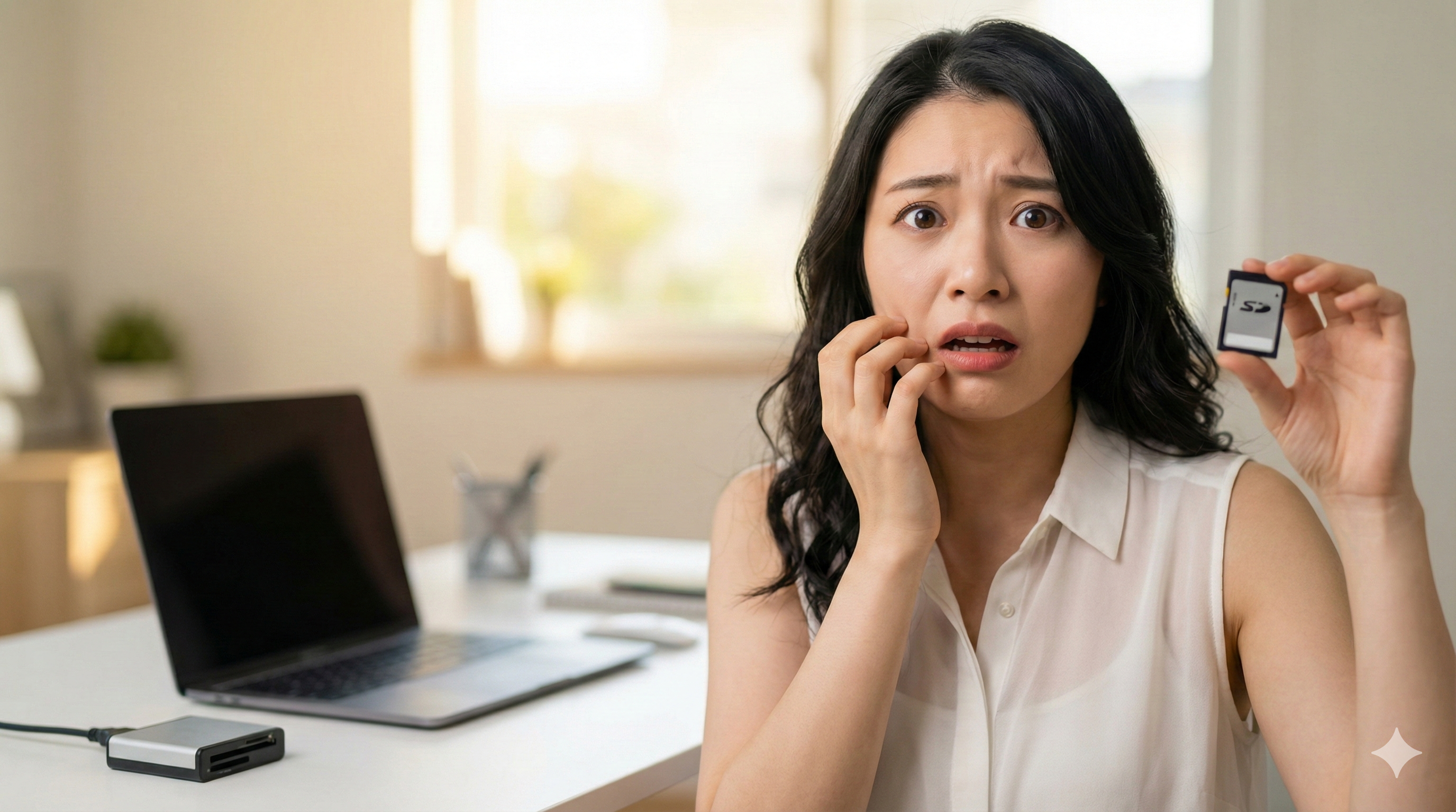 ショックを受けた表情でSDカードを手に持ち、カメラを見つめる日本人女性。背景にはノートパソコンがあるモダンなホームオフィス