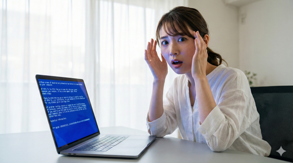 明るいホームオフィスで、ブルースクリーンのノートパソコンを見てショックを受け、両手を頭に当てている若い日本人女性