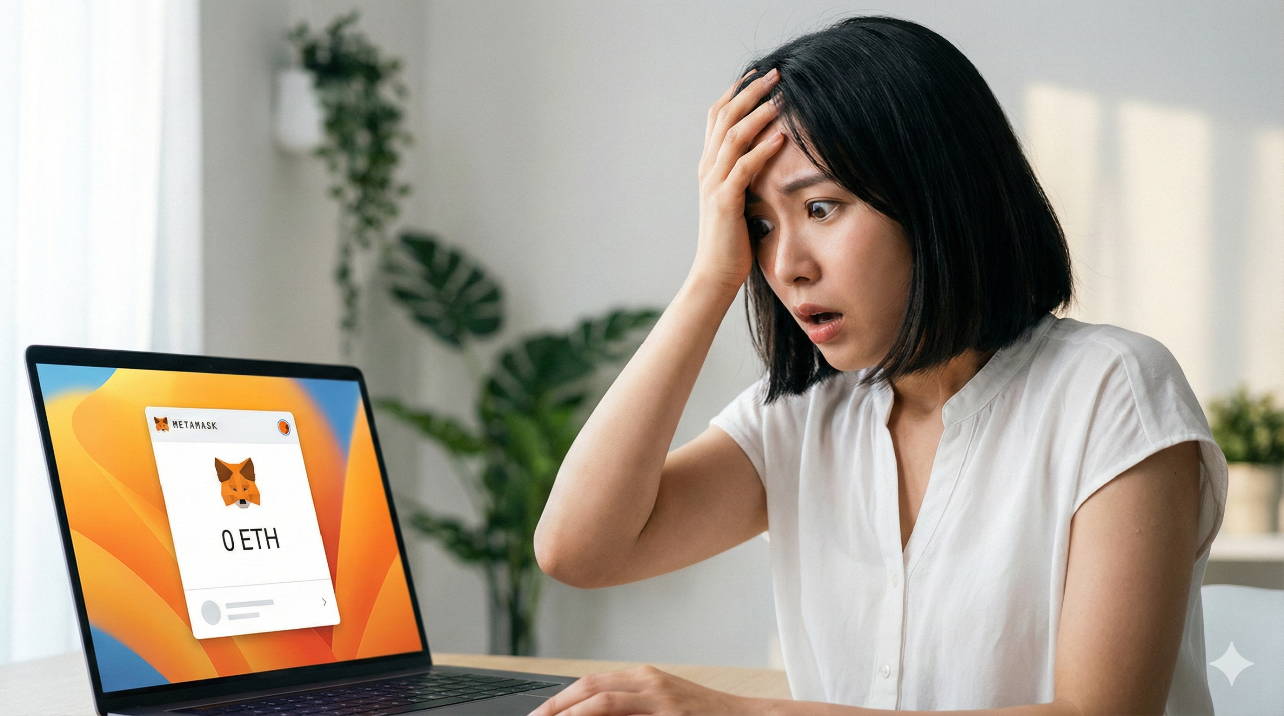 ノートパソコンの画面に表示されたMetaMaskのキツネのアイコンと「0 ETH」という残高を見て、手で頭を抱えショックを受けた表情をしている若いアジア人女性