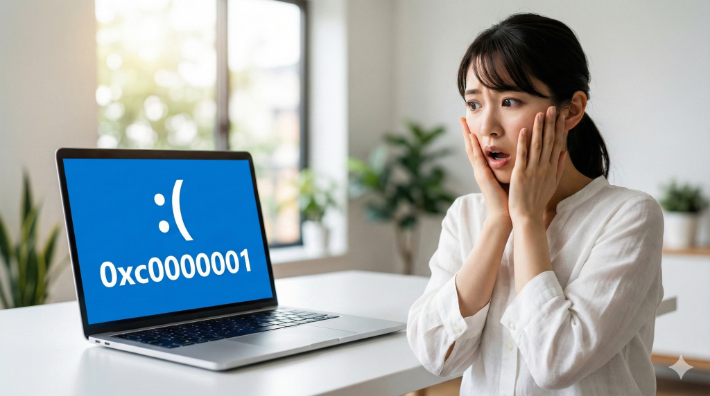 エラーコード0xc0000001のブルースクリーンが表示されたノートパソコンを見て、ショックを受け両手を顔に当てている若い女性