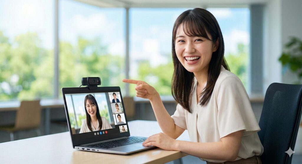 明るいオフィスで、ノートパソコンの外付けWebカメラを笑顔で指差す日本人女性。画面にはクリアな映像のビデオ会議が表示されている。