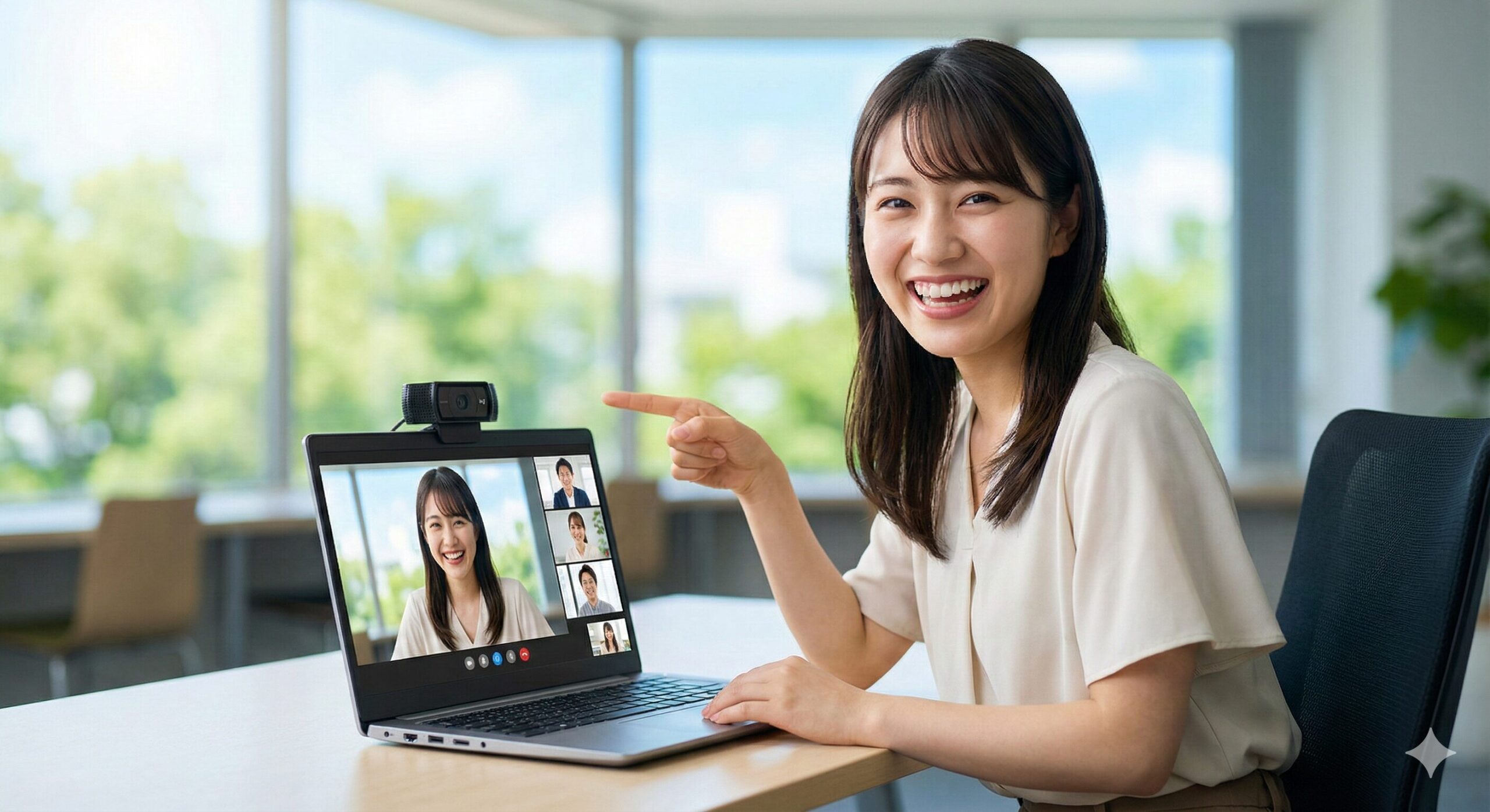 明るいオフィスで、ノートパソコンの外付けWebカメラを笑顔で指差す日本人女性。画面にはクリアな映像のビデオ会議が表示されている。