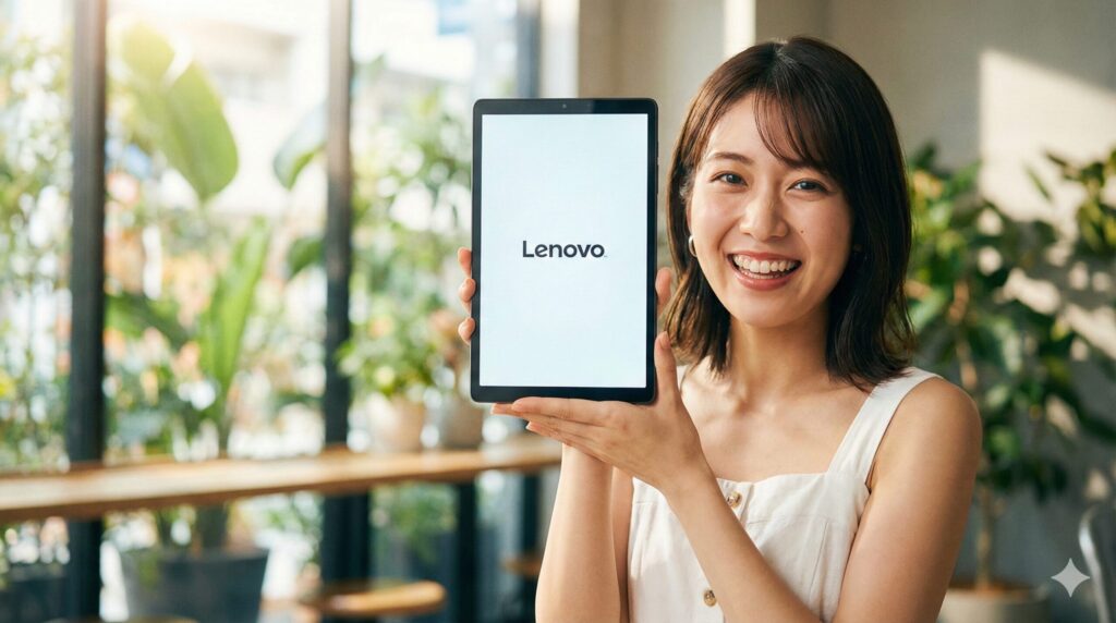 日当たりの良いカフェで、Lenovoのロゴが表示されたタブレットを笑顔で見せる日本人女性