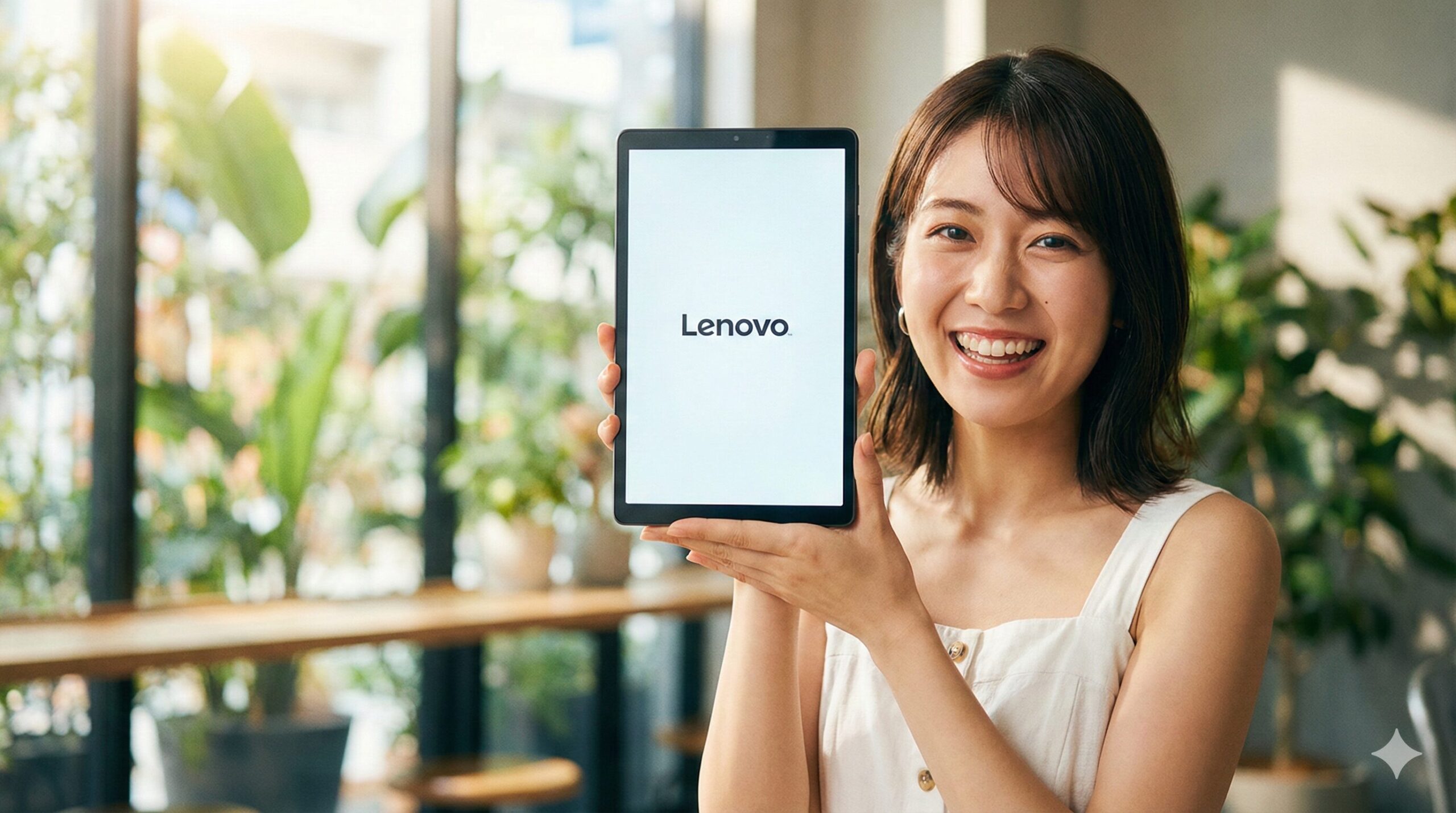 日当たりの良いカフェで、Lenovoのロゴが表示されたタブレットを笑顔で見せる日本人女性
