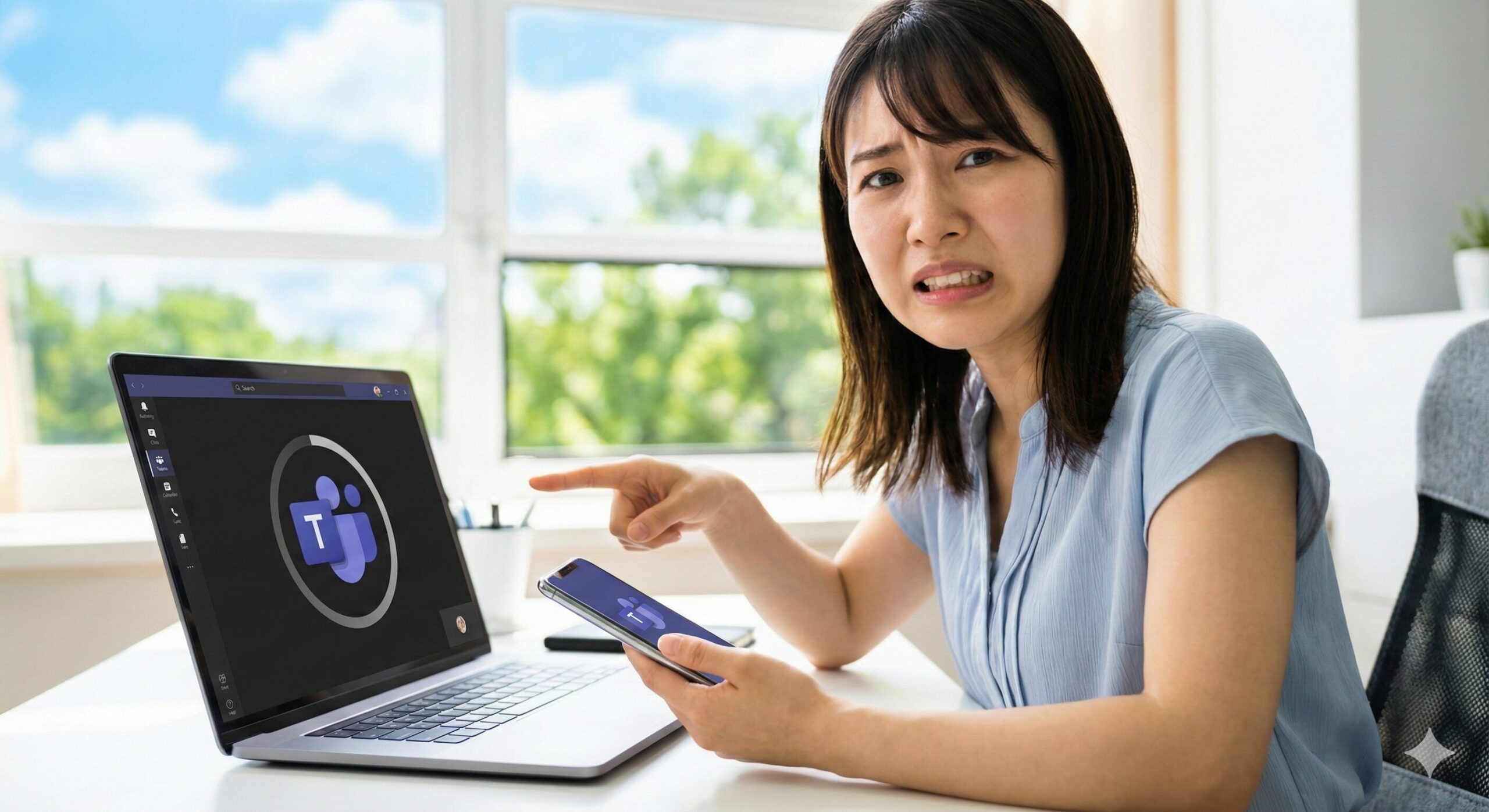 フリーズしたMicrosoft Teamsの画面を指差し、パニックになっている日本人女性。