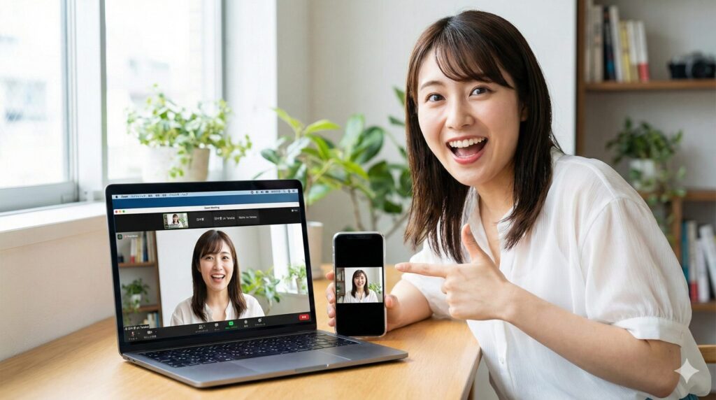 笑顔でPCとスマホのZoom画面を指差す女性。画面のビデオは反転していない。