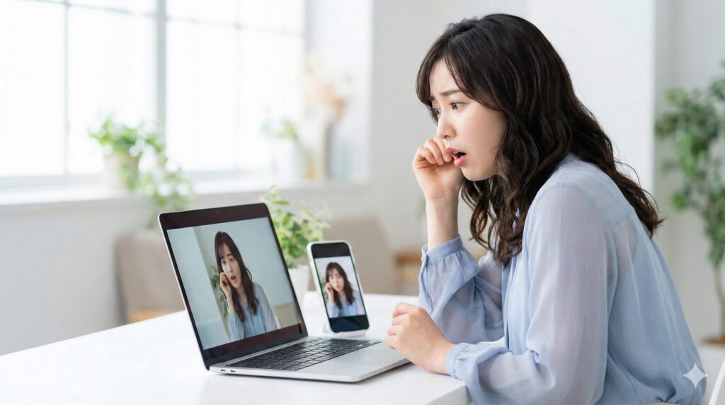 ビデオ通話中のPC画面とスマホ画面を見て、驚いた表情で頬に手を当てている若い女性