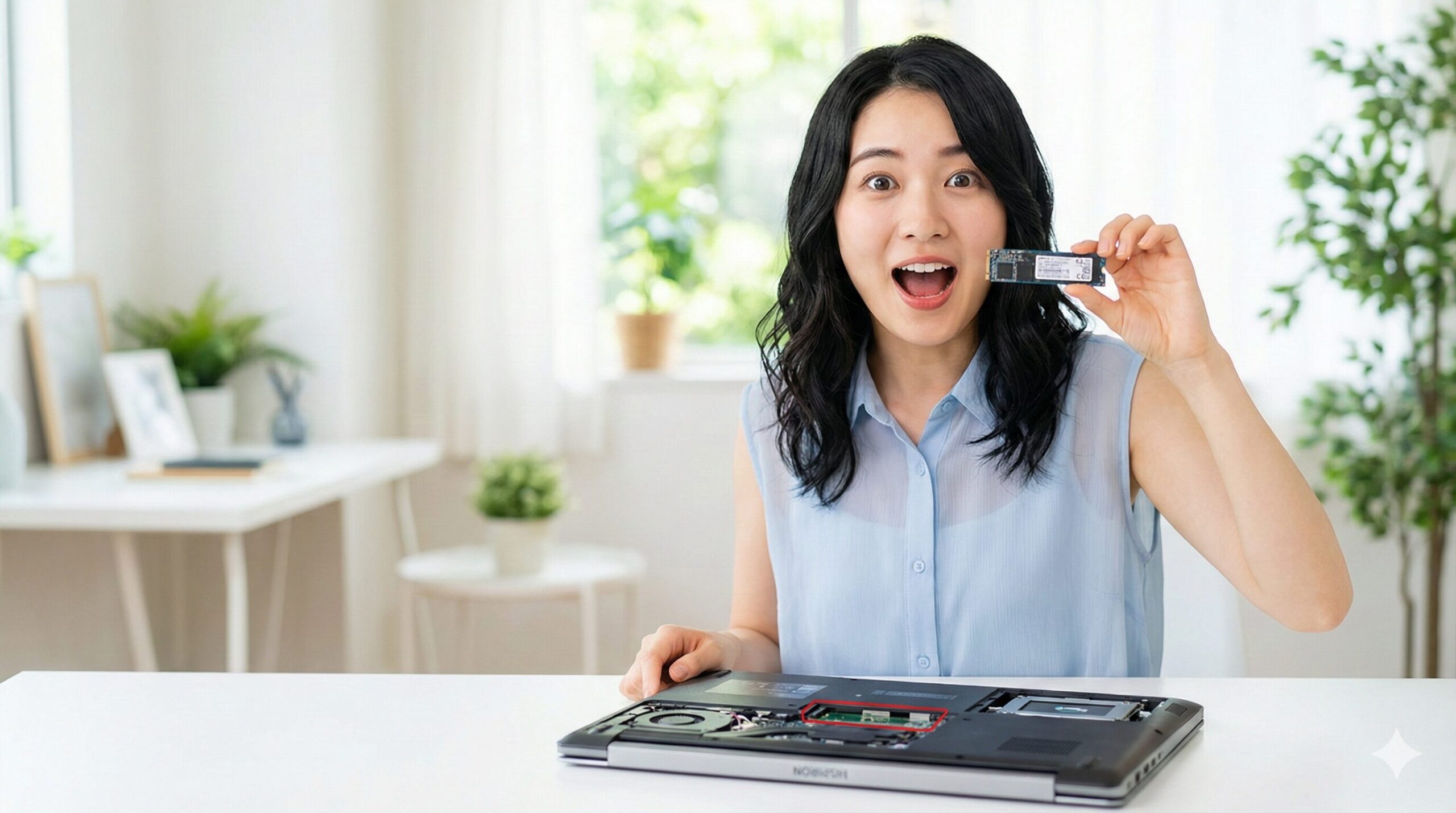 DellノートパソコンのSSDをM2へ交換し驚く女性 開封されたノートパソコンの前で、新しいSSDを手に持ち驚いた表情の女性。