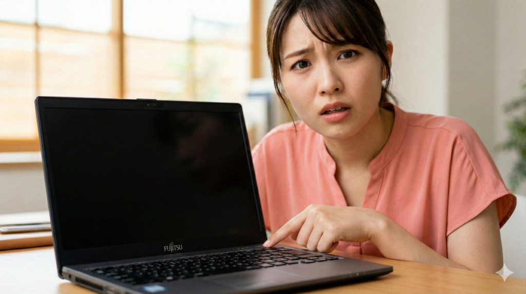 画面が真っ暗で反応しない富士通のノートパソコンの電源ボタンを指差し、困ったような表情でカメラを見つめる若い女性