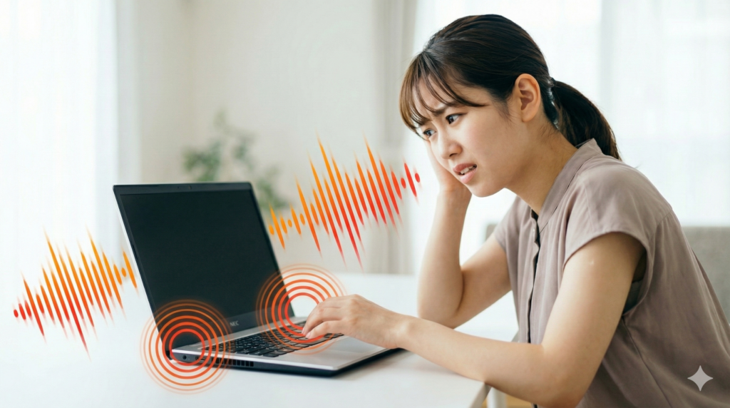 PCから発せられる大きな警告音の視覚効果と、それに悩まされて頭を抱える女性