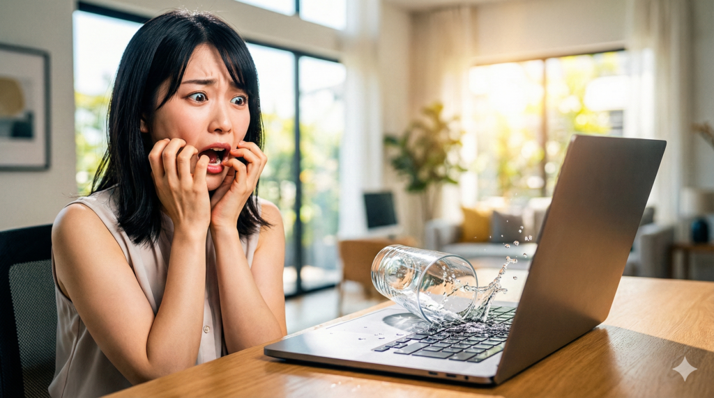 ノートパソコンのキーボードにコップから水がこぼれ、驚愕の表情で両手を顔に当ててパニックになっている若い日本人女性
