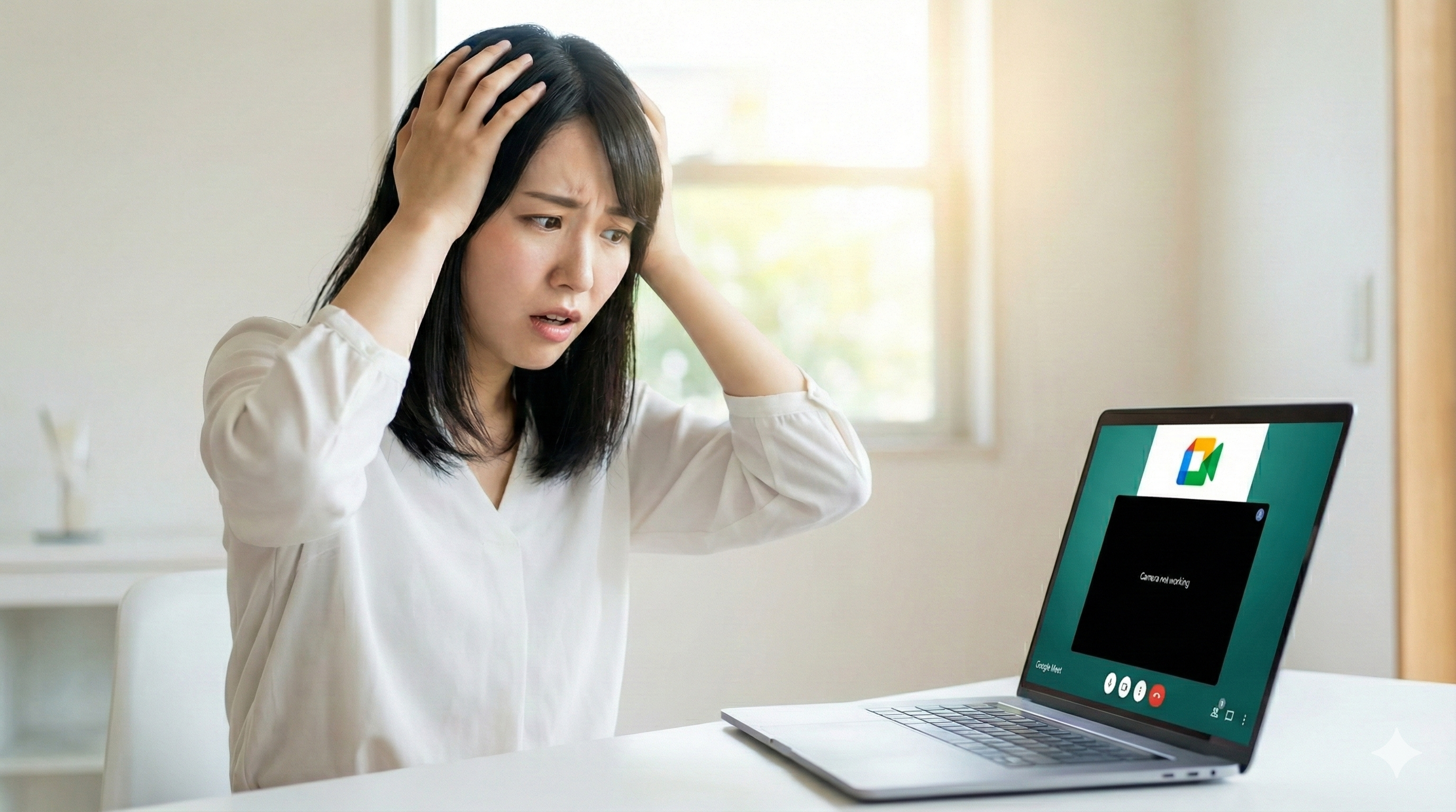 ノートパソコンのGoogle Meet画面に「カメラが動作していません」と表示され、頭を抱えて困惑するア