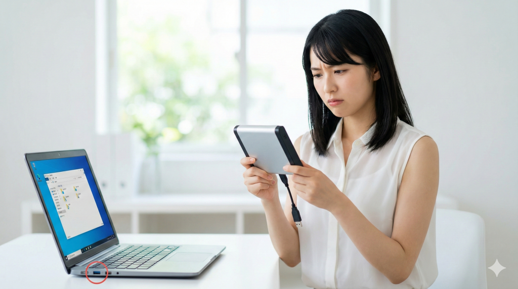 接続されていない外付けハードディスクを困惑した表情で見つめる若い女性。手前にはファイルエクスプローラーが表示されたノートパソコンがある