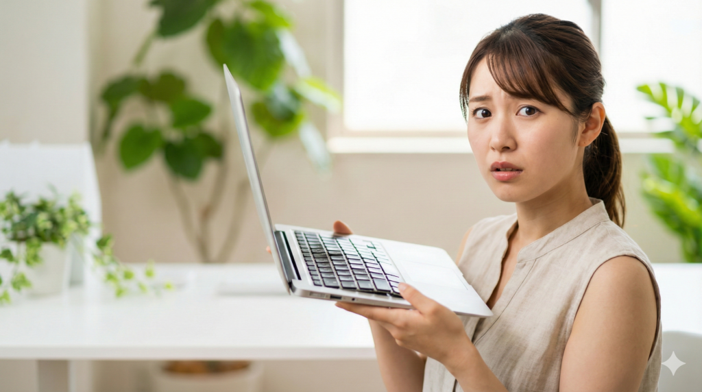 バッテリーの膨張によりキーボード部分が大きく盛り上がったノートパソコンを不安そうな表情で見せる日本人女性