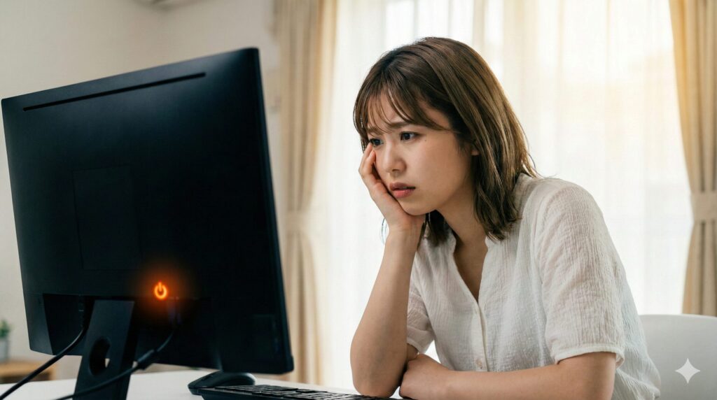 電源ボタンがオレンジ色に点滅する真っ暗なパソコンの前で、片手を顔に当てて深刻そうに困っている日本人女性。