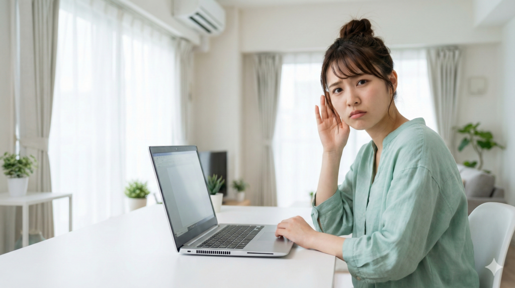 若い日本人女性が、デスクのノートパソコンの前で、騒音に悩まされているように片手を耳に当て、困った表情でこちらを見ている写真