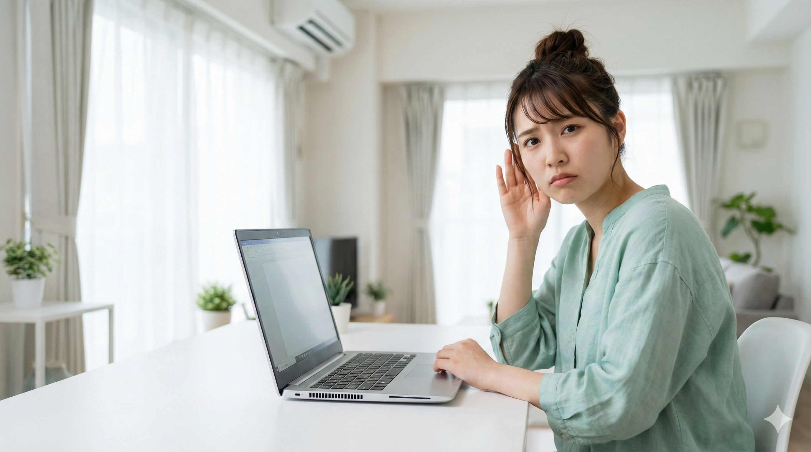 若い日本人女性が、デスクのノートパソコンの前で、騒音に悩まされているように片手を耳に当て、困った表情でこちらを見ている写真