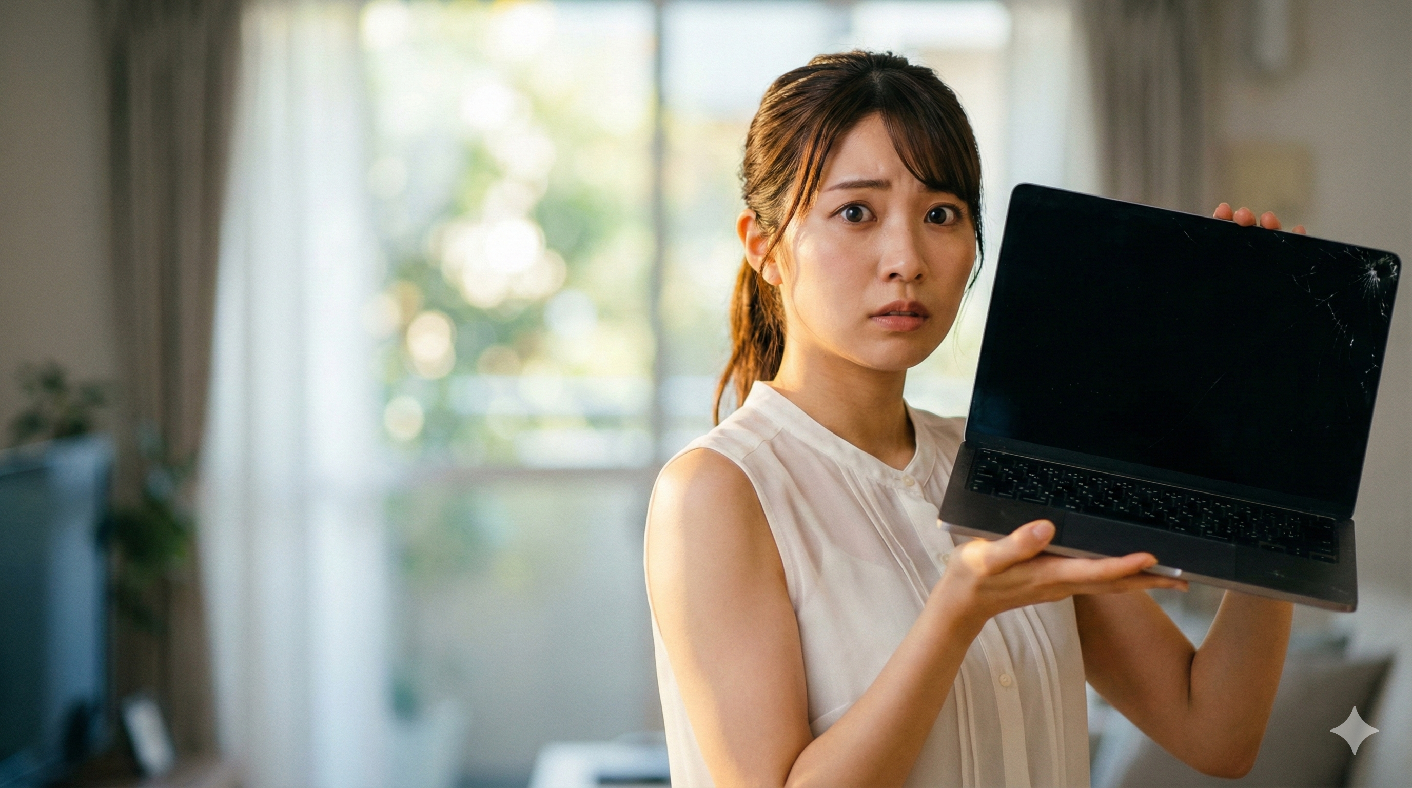 起動しない画面の壊れたノートパソコンを持ち、困った表情でカメラを見つめる日本人女性