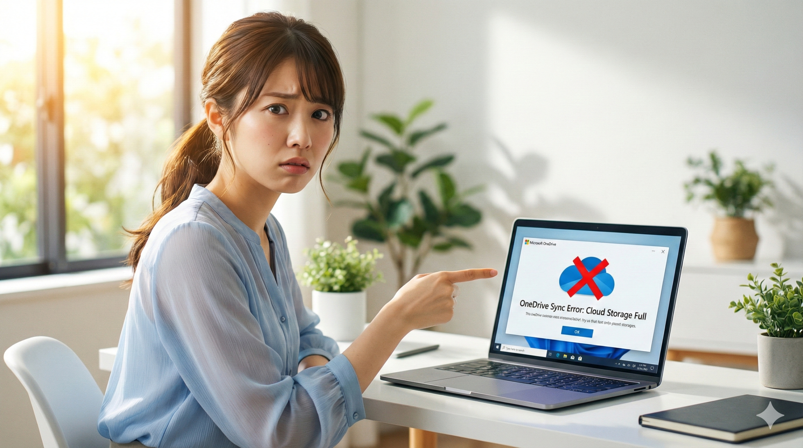 ノートパソコンの画面のOneDrive同期エラーを困った表情で指さす若い日本人女性