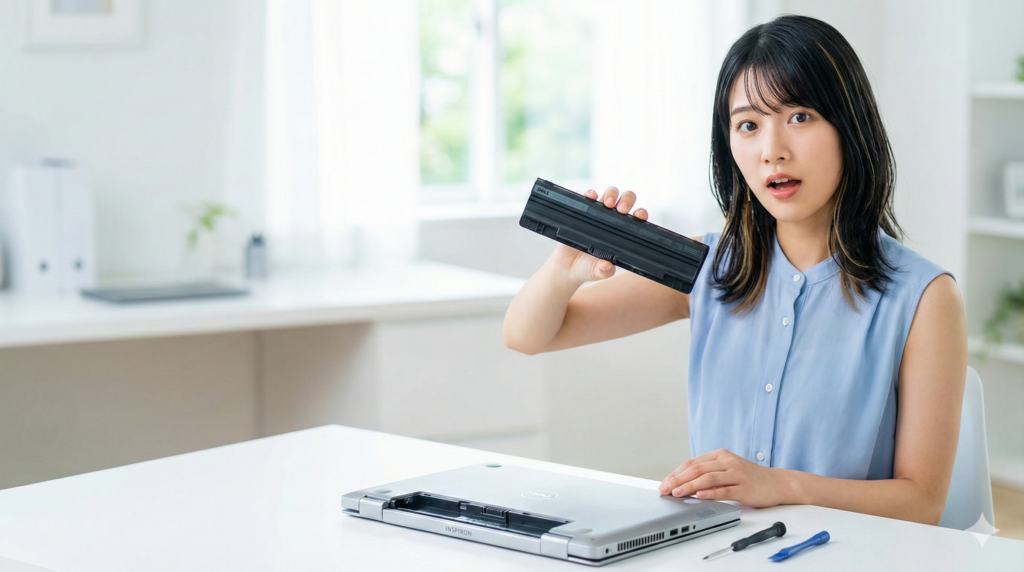Dellノートパソコンのバッテリーを掲げてDIY修理を解説する若い日本人女性
