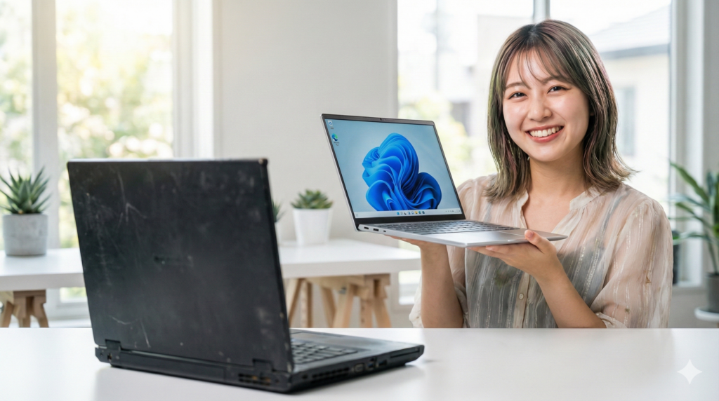 新しいシルバーのWindows 11ノートパソコンを掲げ、手前にある古い黒いノートパソコンと比較して笑顔を見せる若い日本人女性