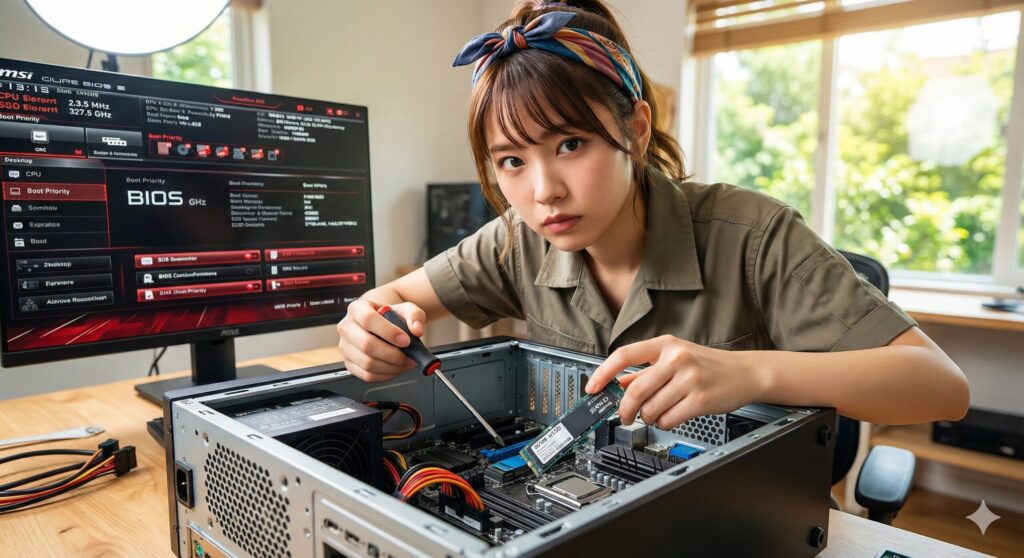 ドライバーとM.2 SSDを持ち、BIOS画面が表示されたモニターの前でPC作業をする若い女性。