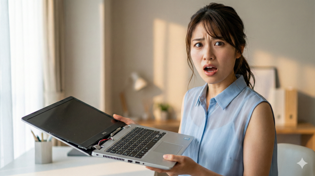 ヒンジが壊れて画面が外れそうなノートパソコンを持ち、驚いた表情でカメラを見つめる若い女性