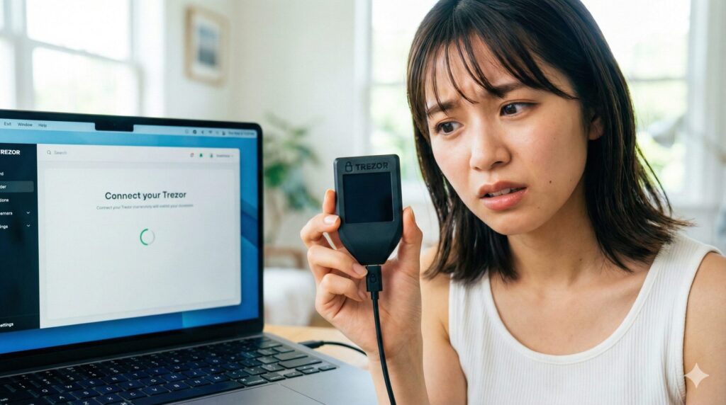 困惑した表情で、反応のないTrezorハードウェアウォレットを見つめる若い女性と、接続を促すノートパソコンの画面。