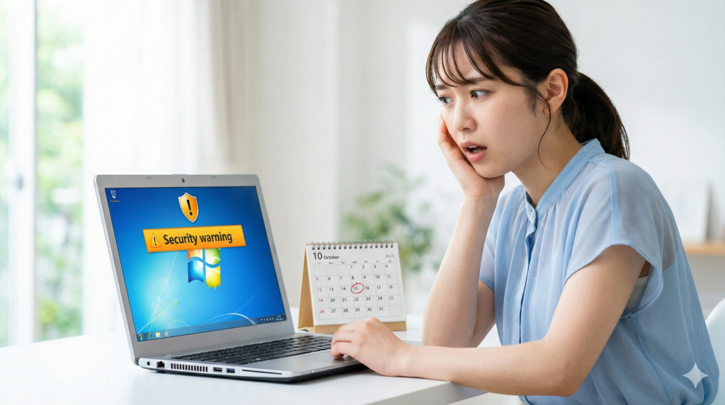 古いノートパソコンのwim10セキュリティ警告に困惑する日本人女性