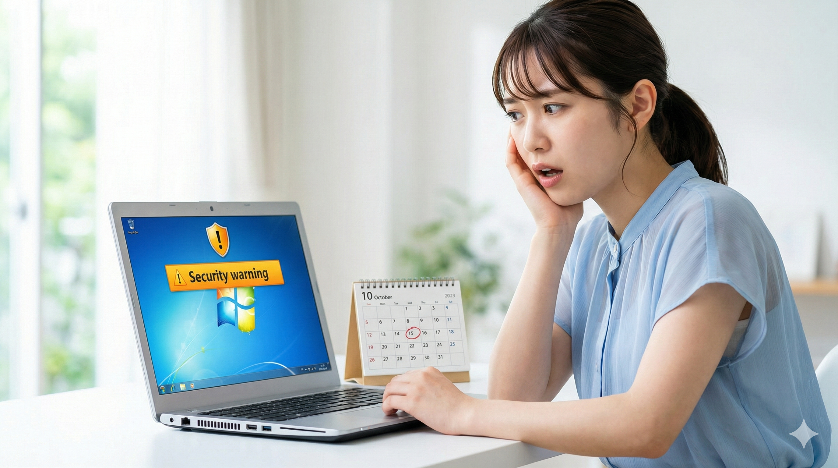 古いノートパソコンのwim10セキュリティ警告に困惑する日本人女性