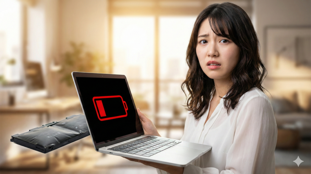 バッテリー残量警告が表示されたノートパソコンを持ち、手前に置かれた膨張して変形したバッテリーパックを見て不安そうな表情を浮かべる日本人女性