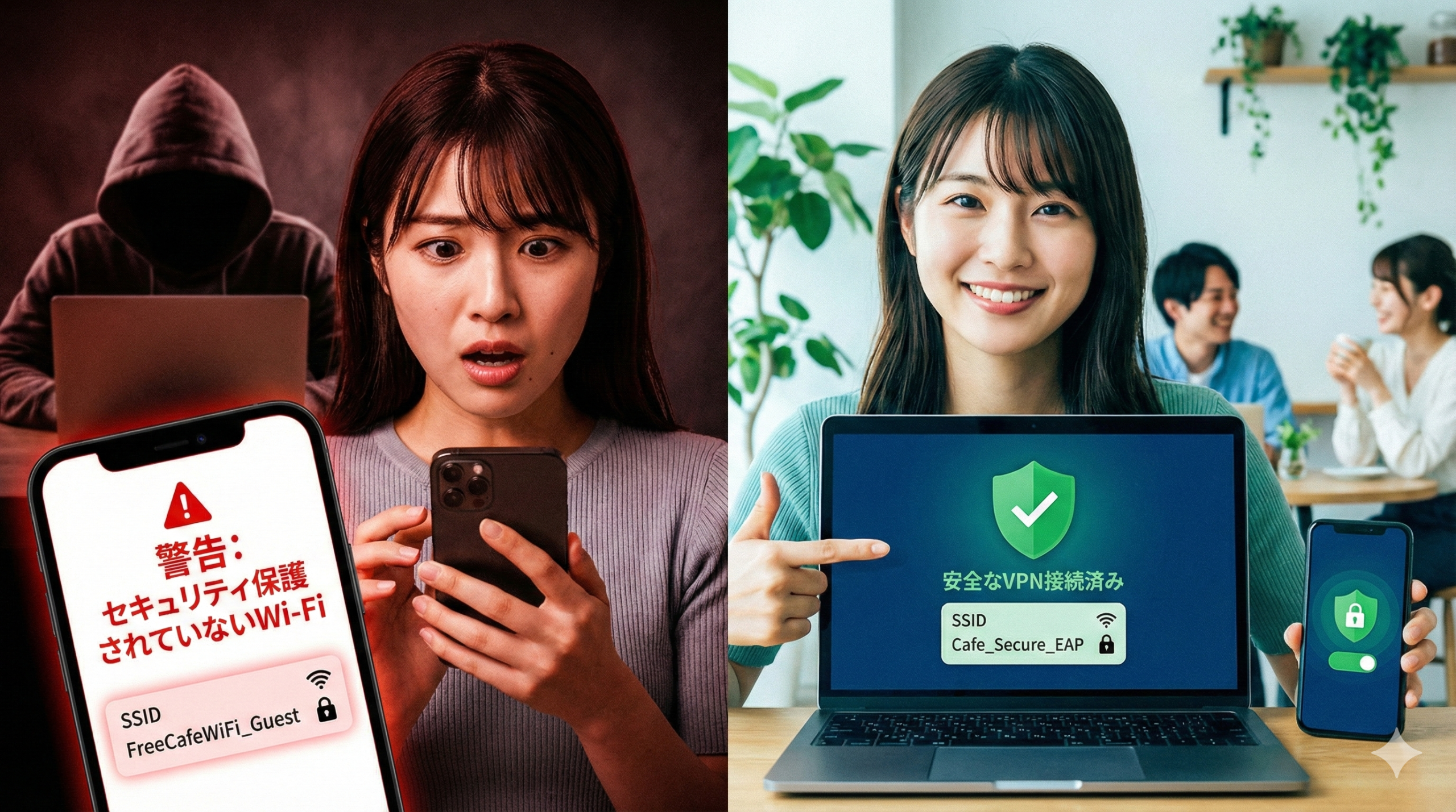 フリーWi-Fi接続の危険な状態（左側・赤）とVPN接続の安全な状態（右側・青緑）を対比