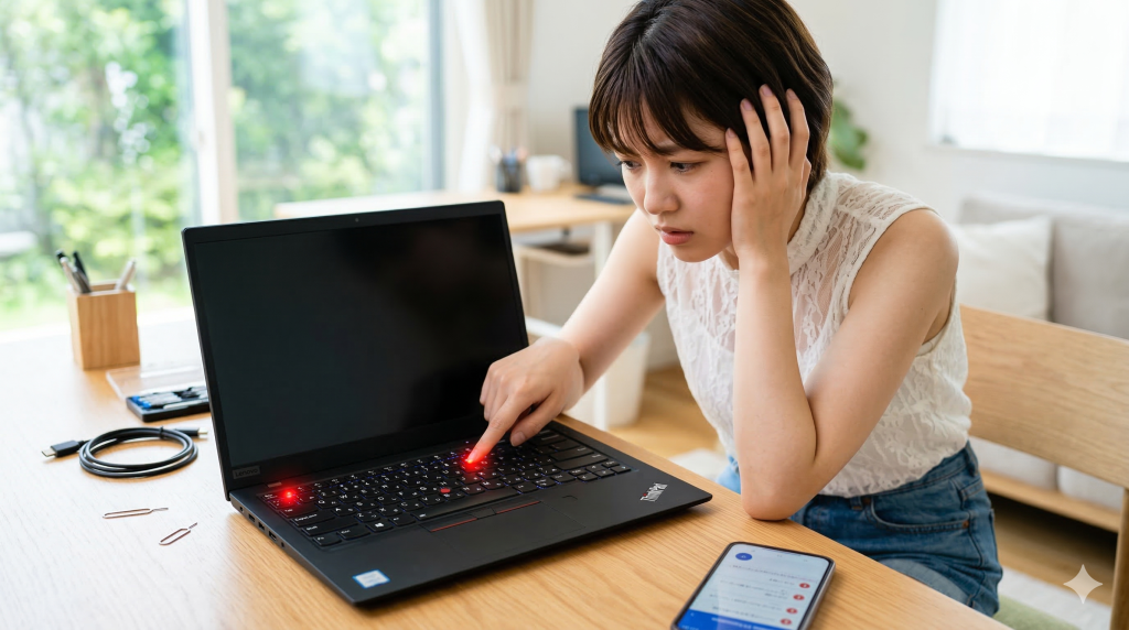 ThinkPad X1 Nanoノートパソコンの画面が真っ暗になり、赤く光るESCキーを指さして心配そうにトラブルシューティングする日本人女性。